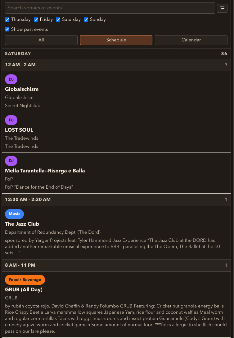 Mobile schedule view listing events by time